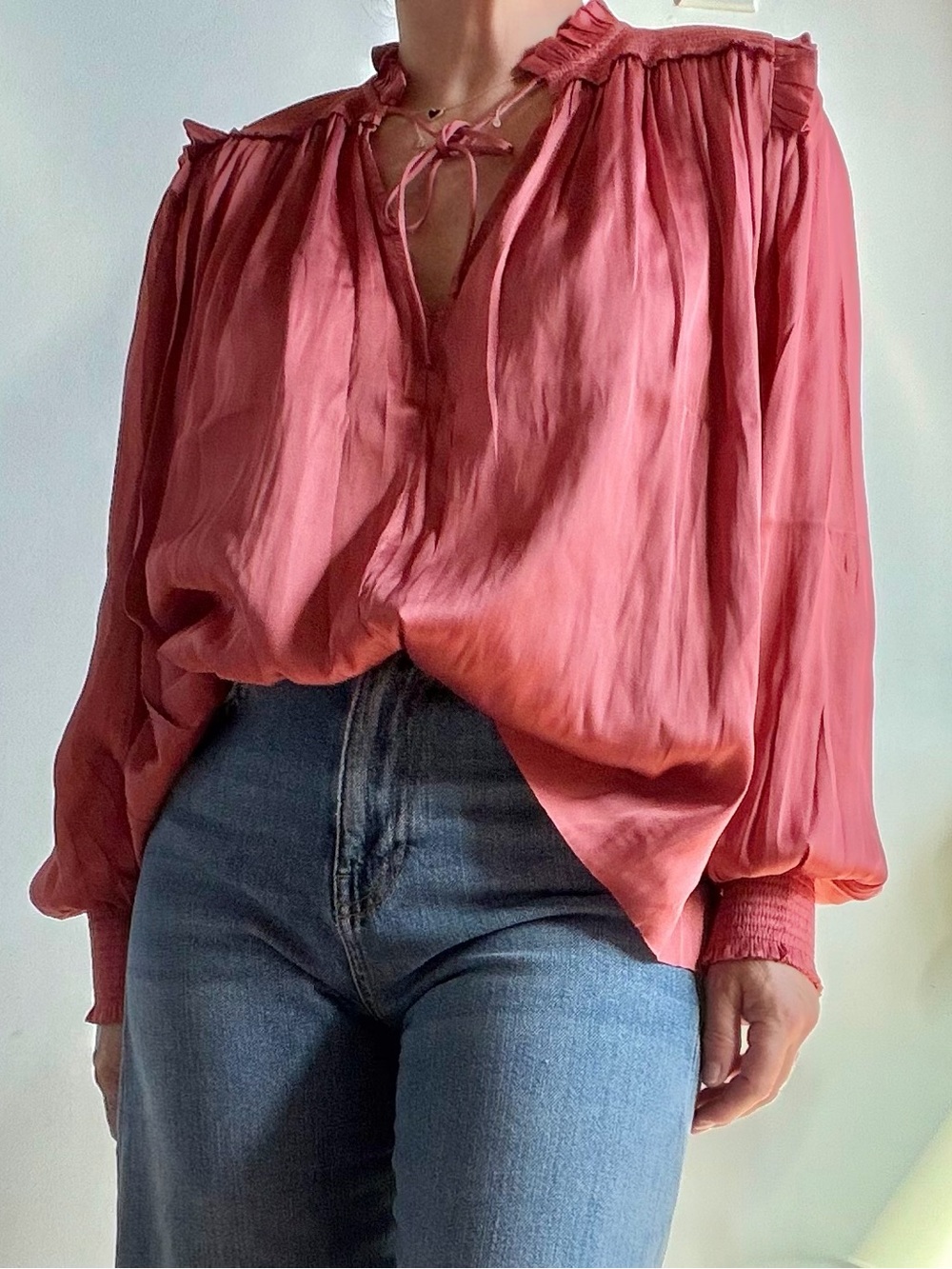 The Reset Rose-Pink Ruffled Tie-Neck Blouse-new